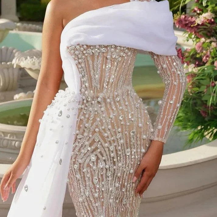 Elegant One Shoulder White Nude Evening Dress  Luxury Pearl Beaded Gown