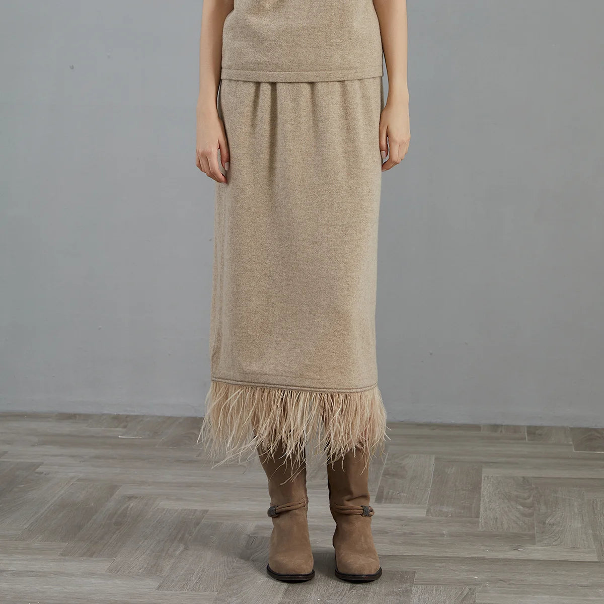 women's  100% cashmere ostrich feather tassel trimmed midi skirt