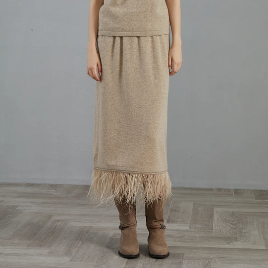 women's  100% cashmere ostrich feather tassel trimmed midi skirt