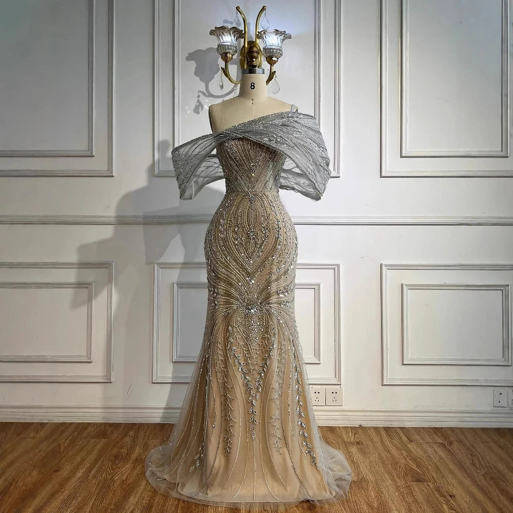 Off Shoulder Beaded Mermaid Evening Dress – Floor-Length Tulle Gown for Wedding Party