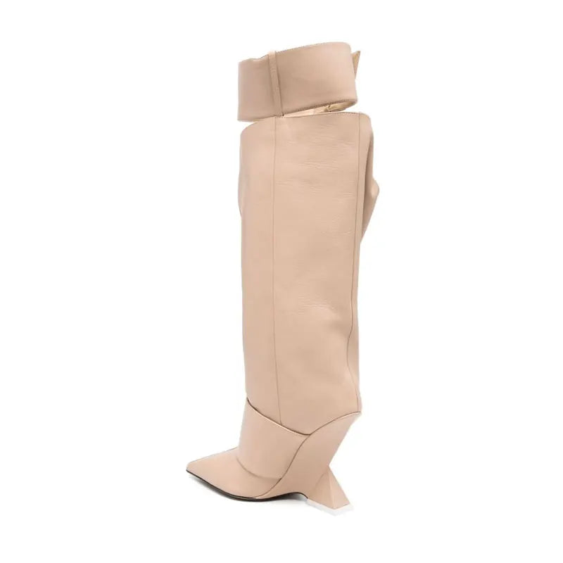 Women's Belt Buckle Knee Length Boots Fashion Pointed Heel Large Thigh High Boots