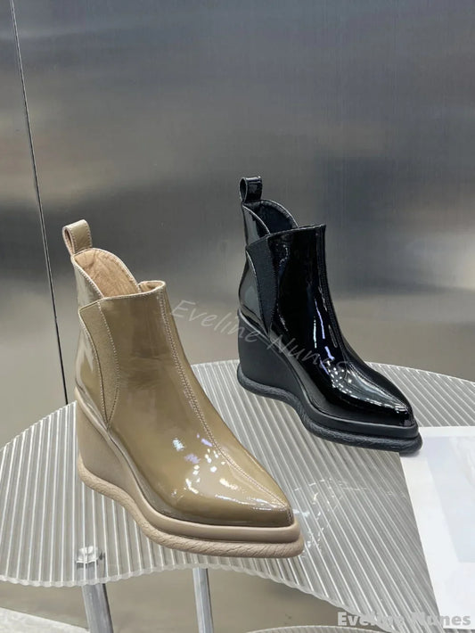 Height Increasing Wedges Ankle Boots Women Pointed Toe Platform Slip On Solid Leather Boots