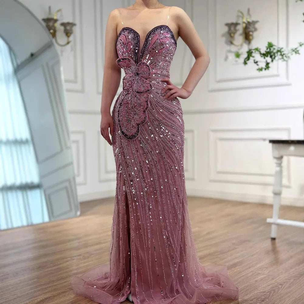 Elegant Strapless Empire Waist Beaded Floor-Length Tulle Sleeveless Evening Dress