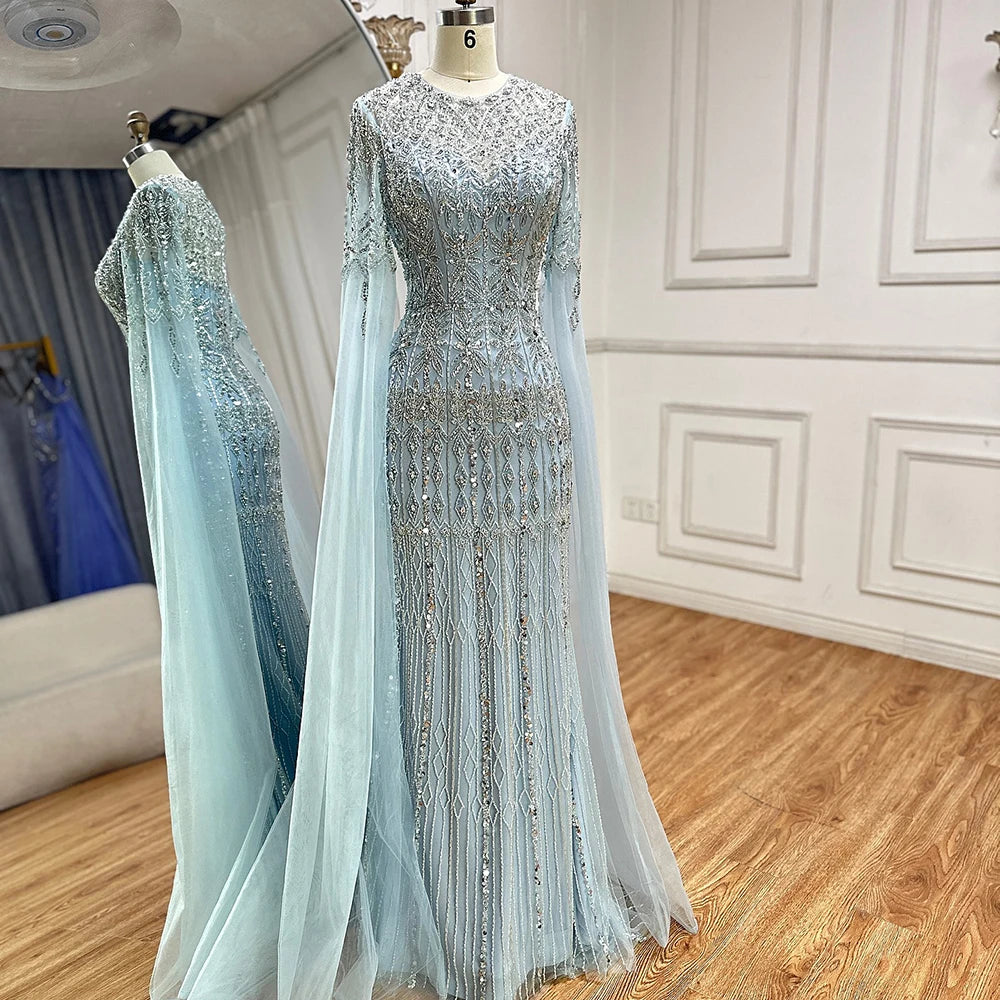 Beaded Mermaid Evening Dress with Sleeves – Abstract Pattern Tulle Gown with Court Train