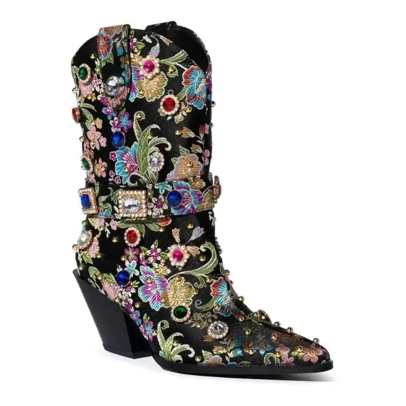 Embroidery Rhinestone Rivet Short Boots Pointed Slope Heel Chelsea Women's Boots