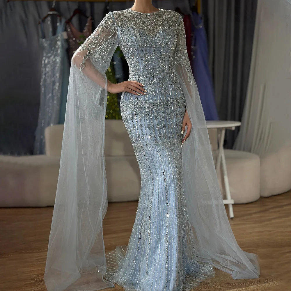 Beaded Mermaid Evening Dress with Sleeves – Abstract Pattern Tulle Gown with Court Train
