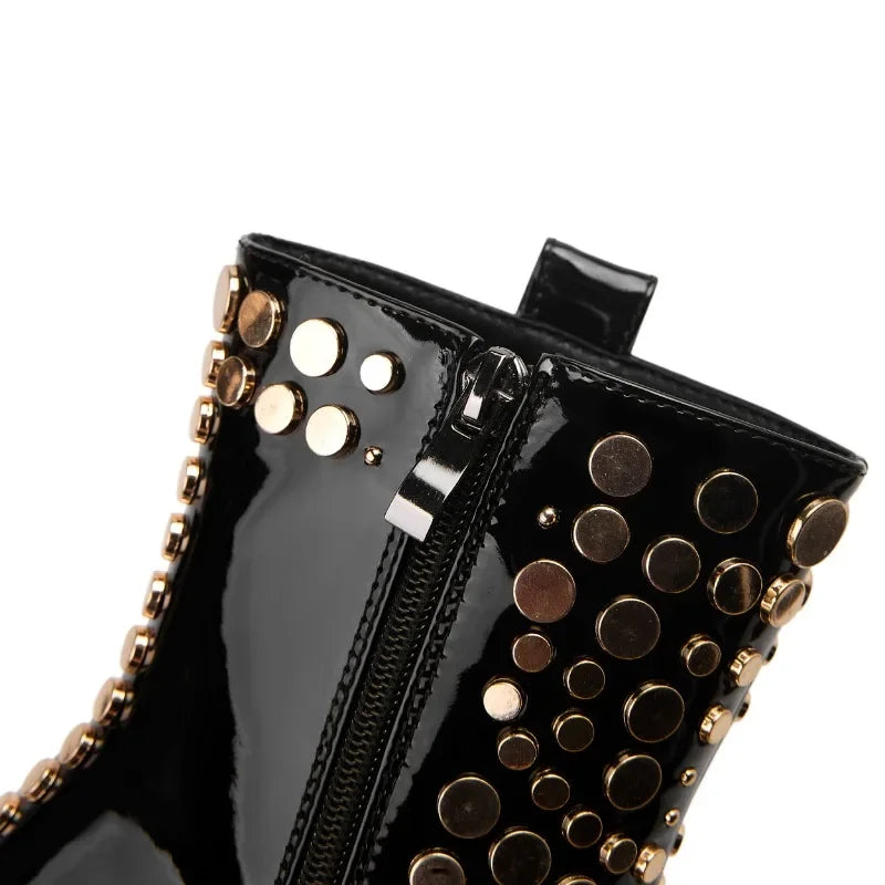 2024 Rivet Patent Leather Short Boots 9cm Strange High Heels Red Boot 36-43 Pointed Side Zip Fashion Bar Stage Women's Shoes