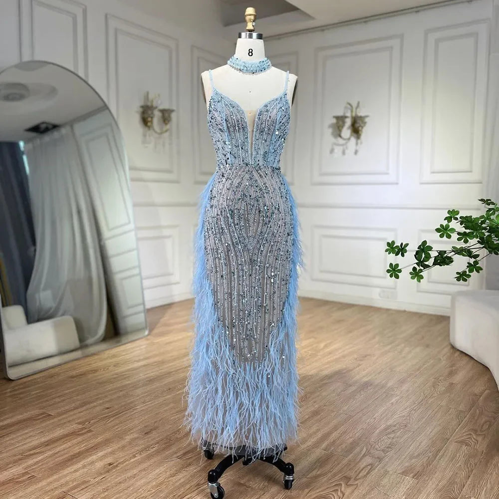 V-Neck Mermaid Evening Gown with Feathers and Beading – Sleeveless Floor-Length Tulle Dress