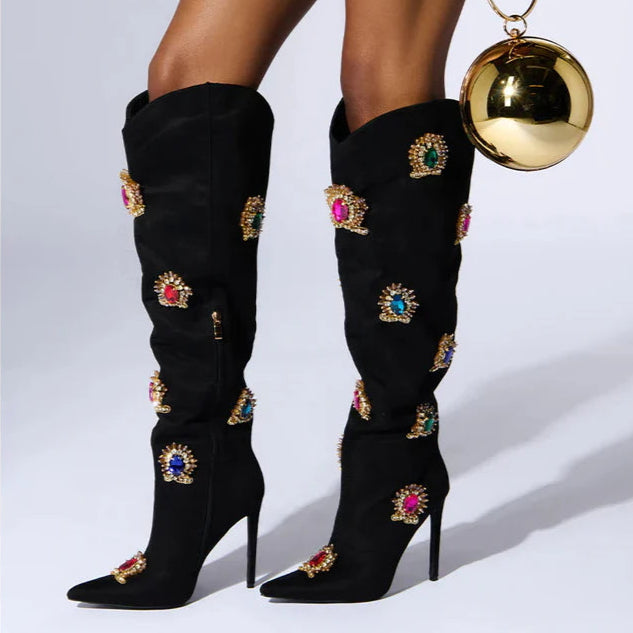 Black Flock Crystal Decor Boots Stilettos High Heel Women Shoes Side Zipper Pointed Toe Zapatos Para Mujere