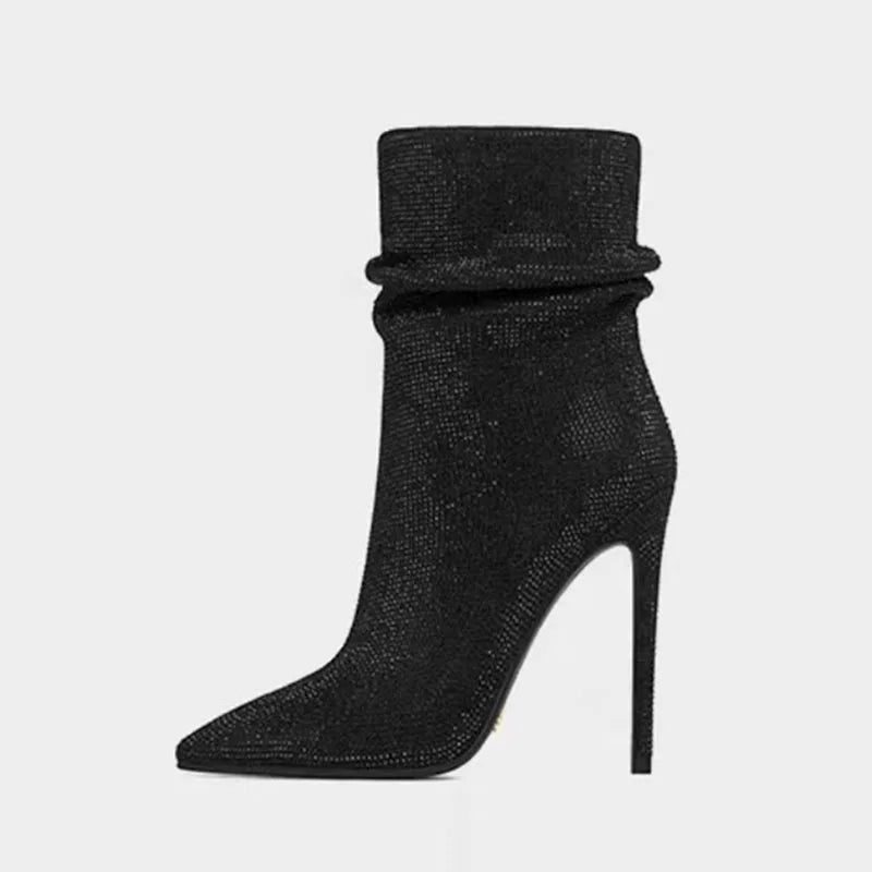 Woman's Velvet Thin heels Crystal Short boots Pointed toe Slip-on Super high heel Modern boots large size