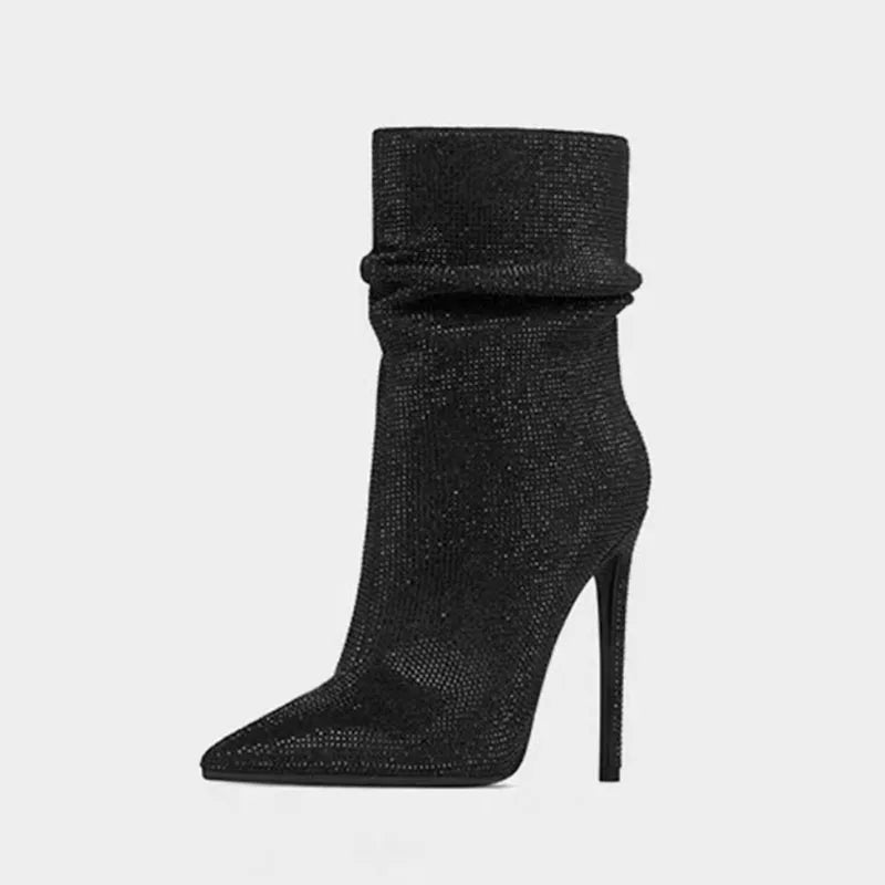 Woman's Velvet Thin heels Crystal Short boots Pointed toe Slip-on Super high heel Modern boots large size