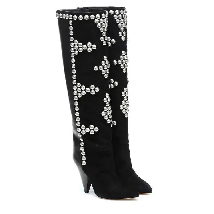 Rivet Inlaid Women's Knee High Boots Cowhide Suede Stage Show Ankle Boots Fashionable Sexy Autumn  Winter Womans Shoes