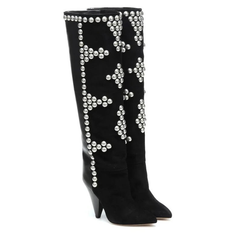 Rivet Inlaid Women's Knee High Boots Cowhide Suede Stage Show Ankle Boots Fashionable Sexy Autumn  Winter Womans Shoes