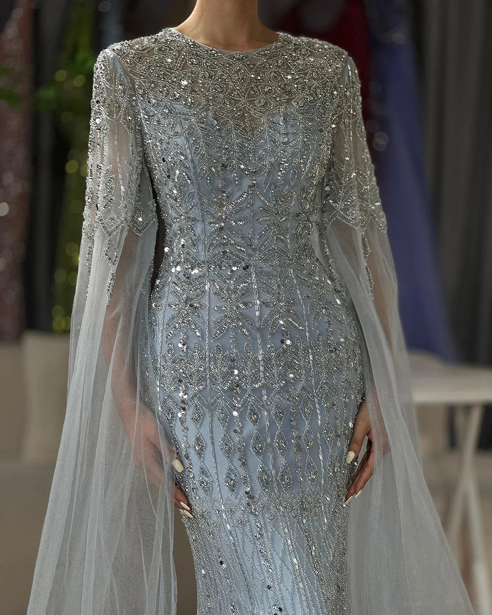 Beaded Mermaid Evening Dress with Sleeves – Abstract Pattern Tulle Gown with Court Train