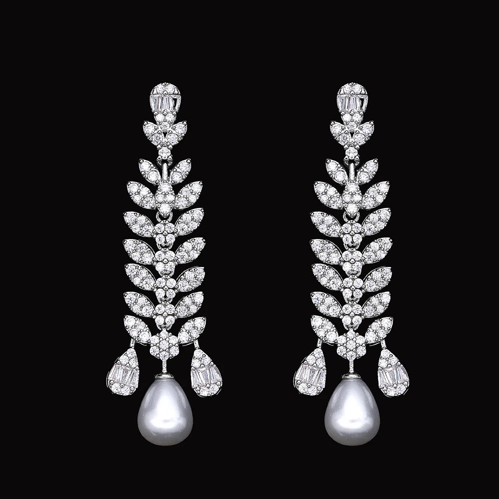 Cubic zirconia Pearl Necklace Earrings Set of 4 Women's Wedding Party All Zircon Dubai Bridal Jewelry Set Gift