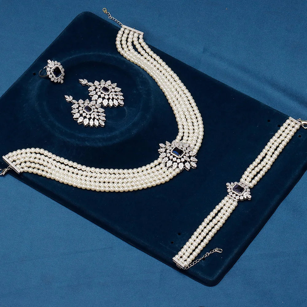 Gorgeous 5 Layered Imitation Pearl Choker with Cubic Zirconia Pendant Necklaces Bracelet Zircon 4PCS Jewelry Set