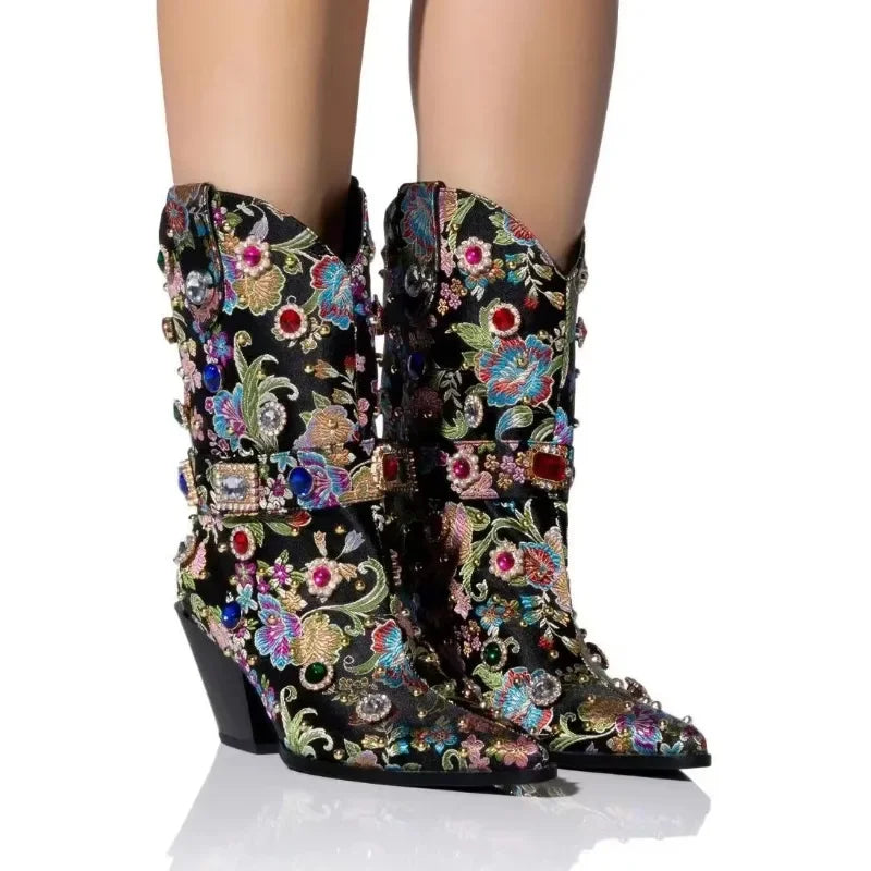 Embroidery Rhinestone Rivet Short Boots Pointed Slope Heel Chelsea Women's Boots