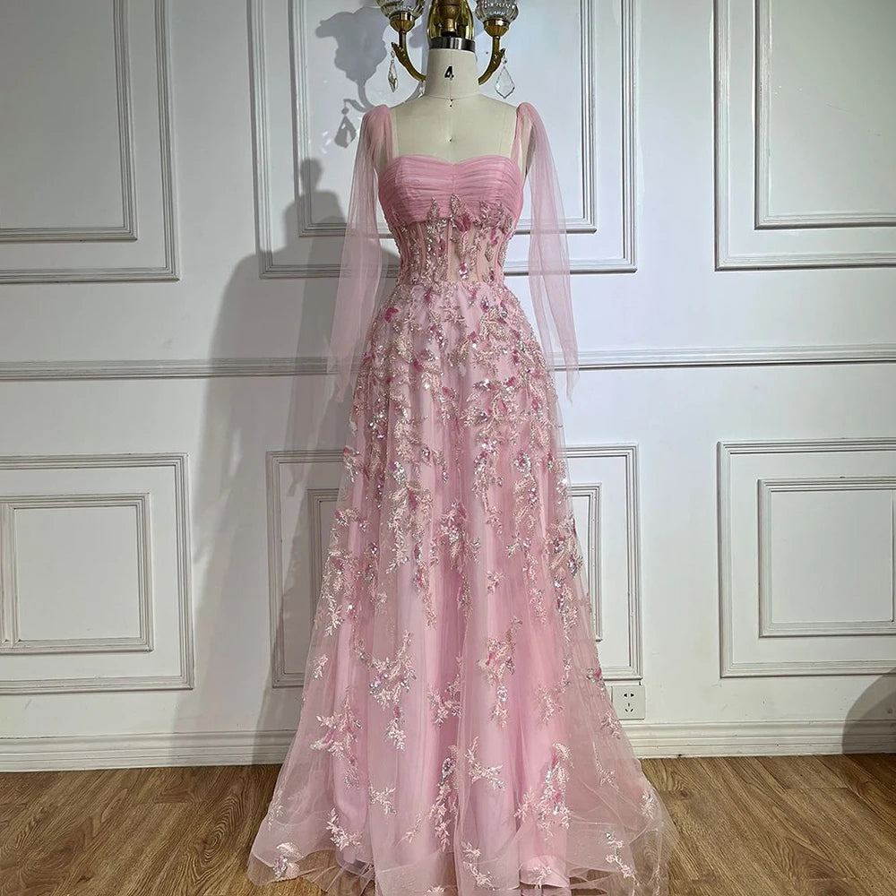 Floral Beaded Strapless A-Line Evening Dress – Floor-Length Tulle Gown