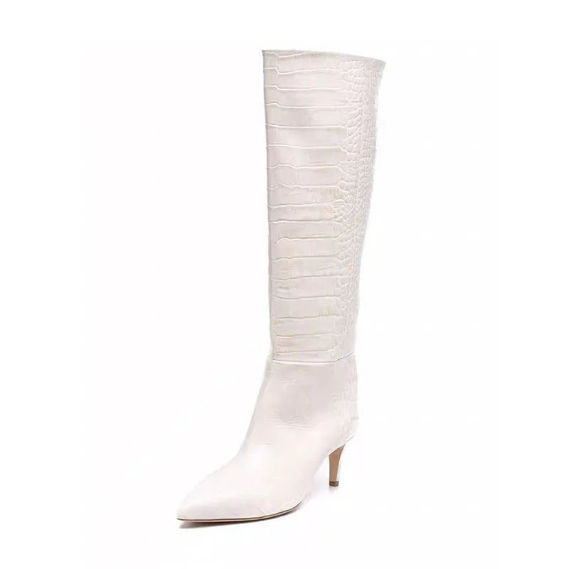 White crocodile grain Knee high boots Pointed toe Slip-on Stilettos heels Simple styl boots
