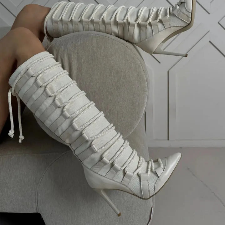 2025 Women Pointed Toe Lace Up Thin High Heel Sexy Stiletto Zip White Heel Knee High Boots