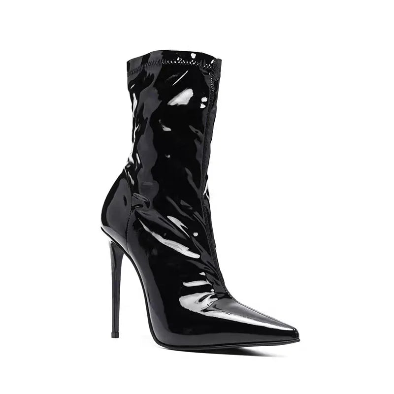 Pointed toe Short boots Patchwork Slip-on Super high heel Modern boots Extra large size