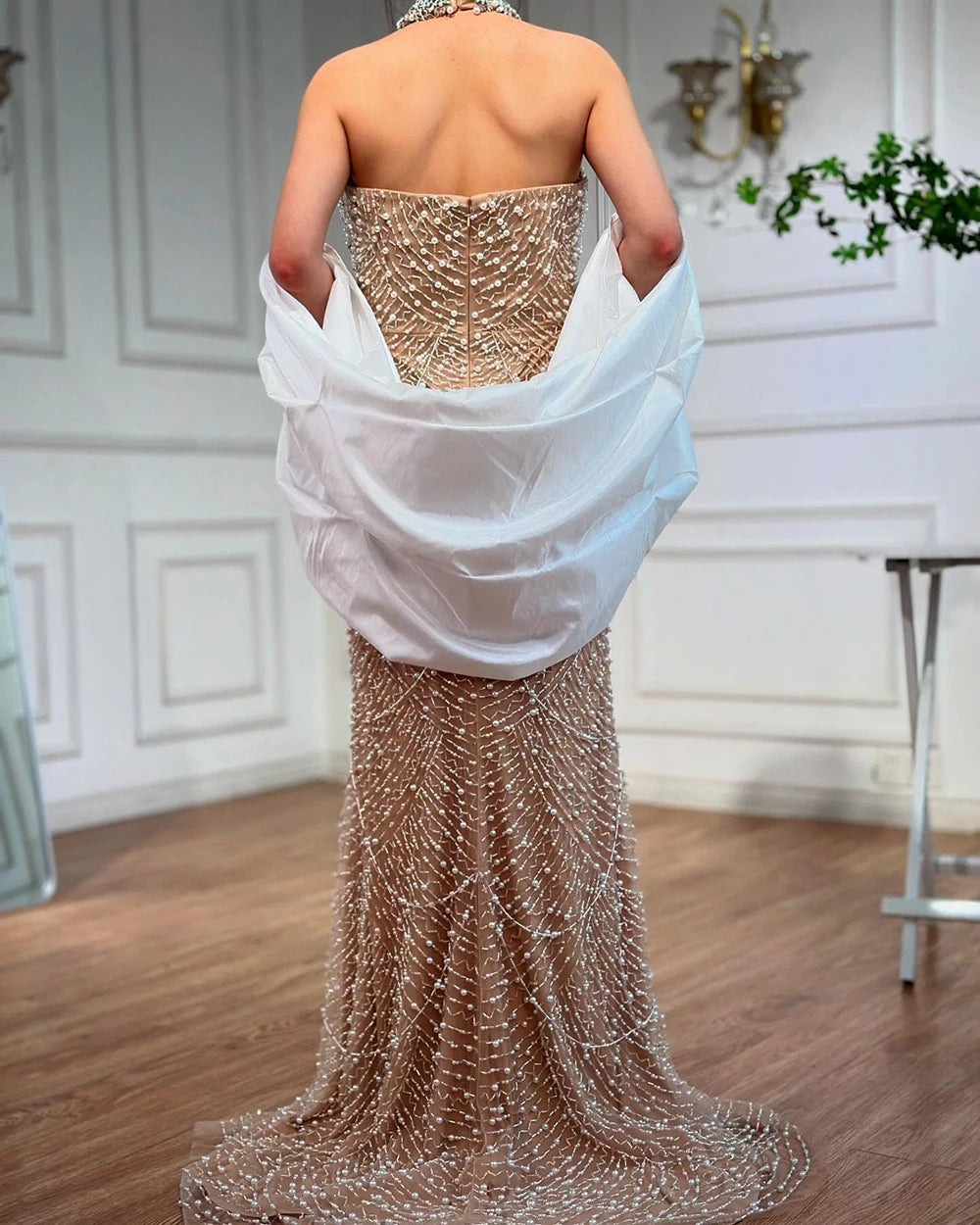 Strapless Mermaid Evening Gown with Beading and Pearls – Abstract Pattern Tulle Dress with Court Train