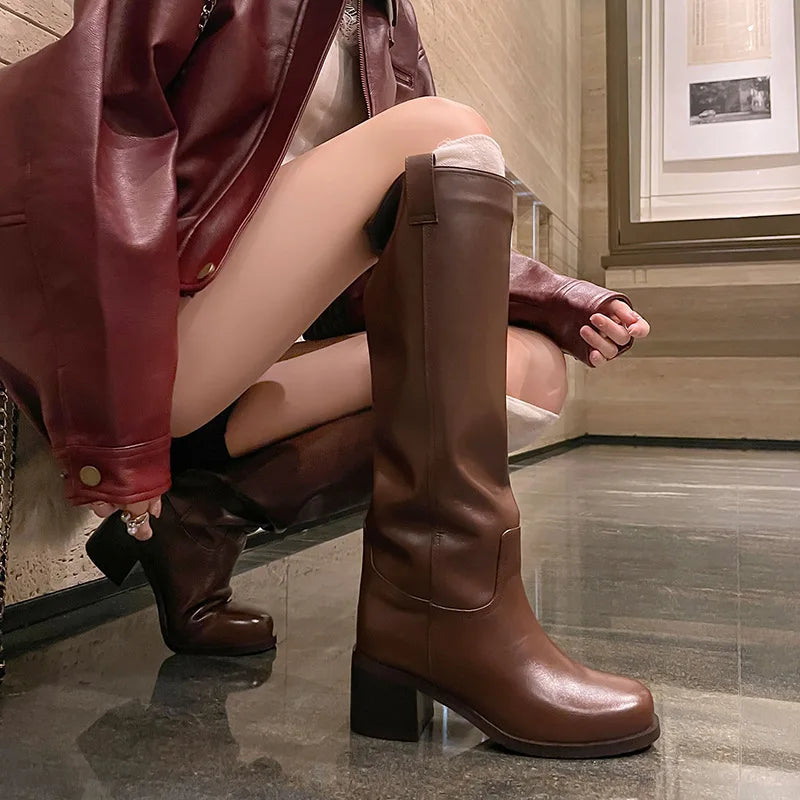Autumn Cowhide Knee high boots Round toe Pull-on Chunky heels Riding boots British style Large size boots