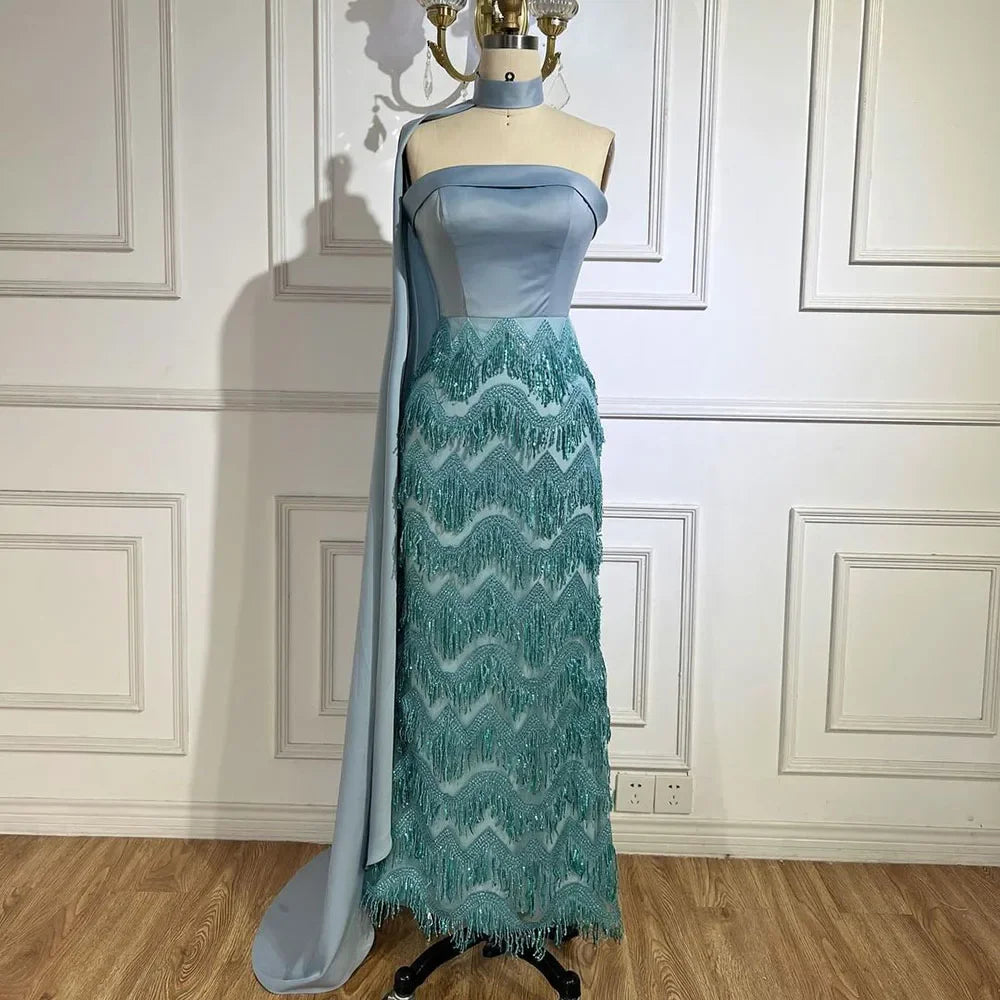 Ankle-Length Mermaid Dress with Long Cloak - A Beaded Ensemble for Women