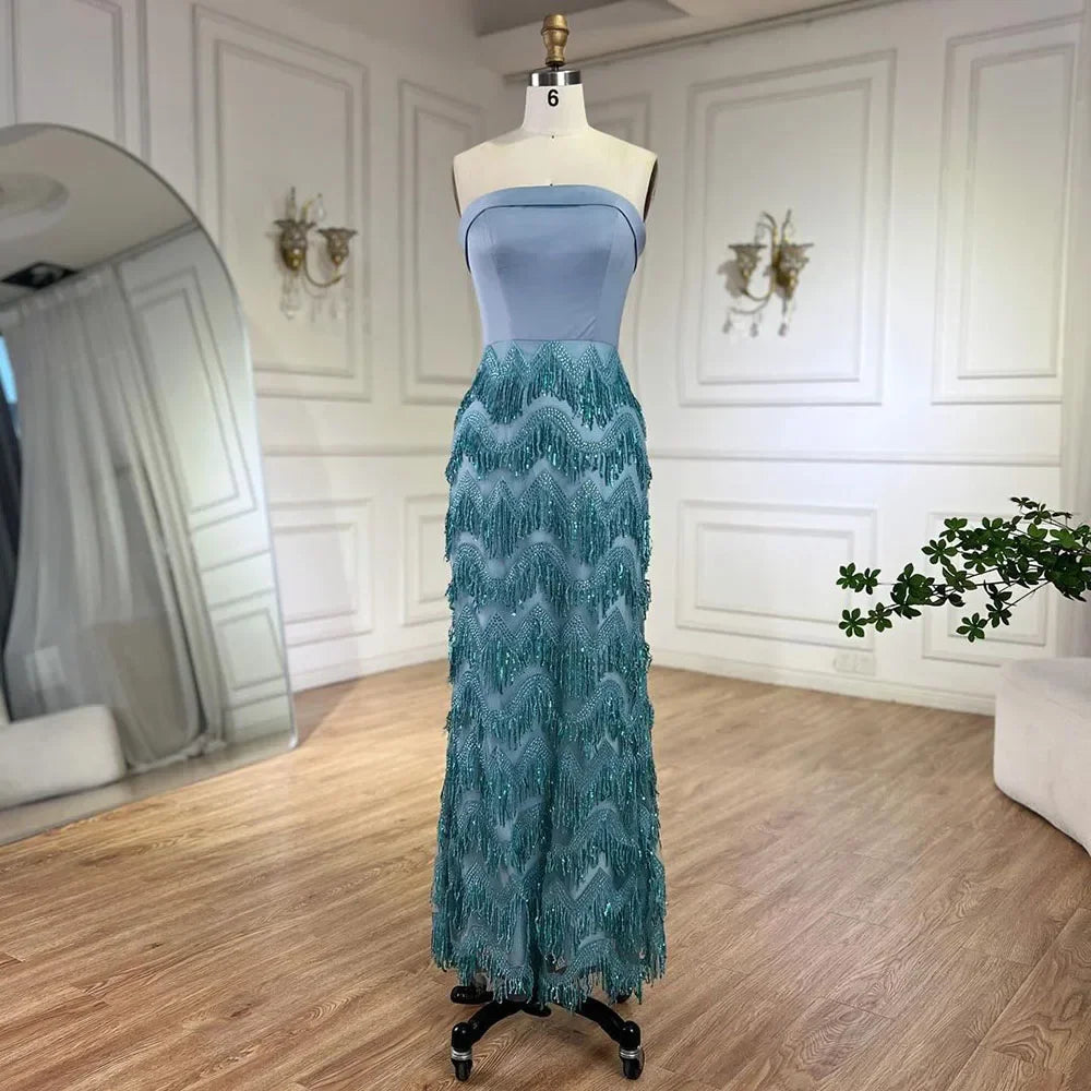 Ankle-Length Mermaid Dress with Long Cloak - A Beaded Ensemble for Women