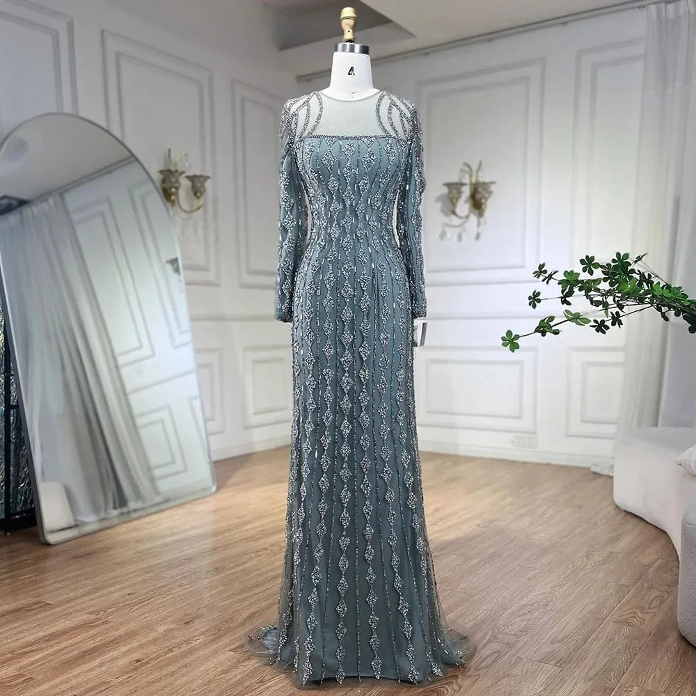Luxury Gray Mermaid Gown Floor Length with Beaded Cut Outs
