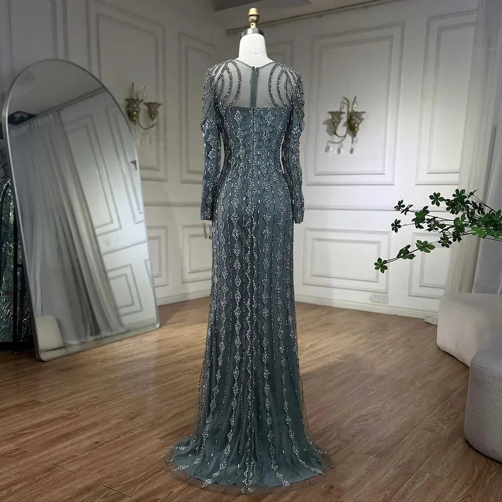 Luxury Gray Mermaid Gown Floor Length with Beaded Cut Outs