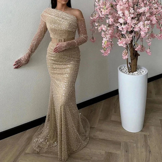 2024 One Shoulder Nude Mermaid Gown with Luxury Beading