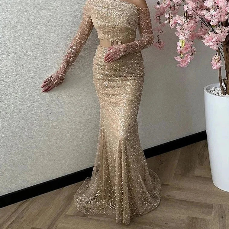 2024 One Shoulder Nude Mermaid Gown with Luxury Beading