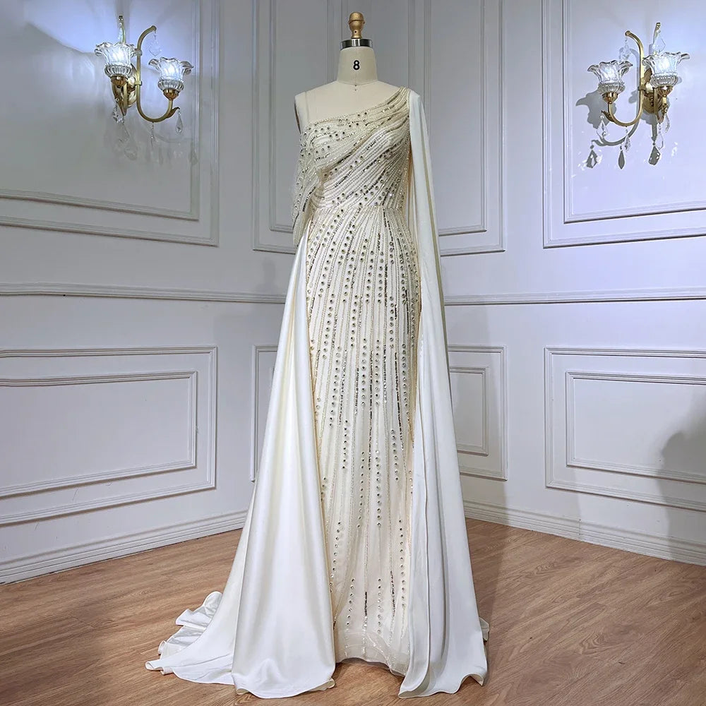 2024 Luxury Satin Beaded Mermaid Evening Dress Sleeveless with Cape