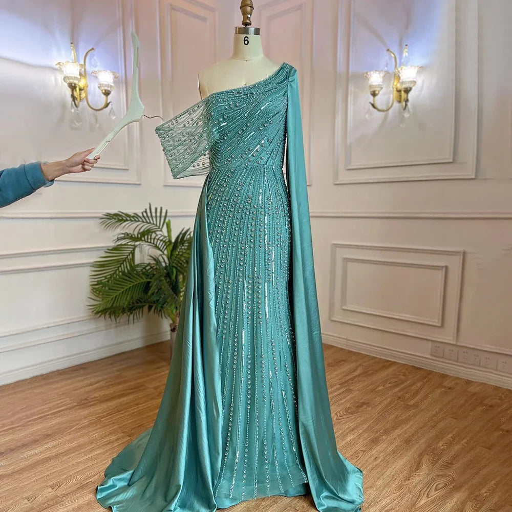 2024 Luxury Satin Beaded Mermaid Evening Dress Sleeveless with Cape