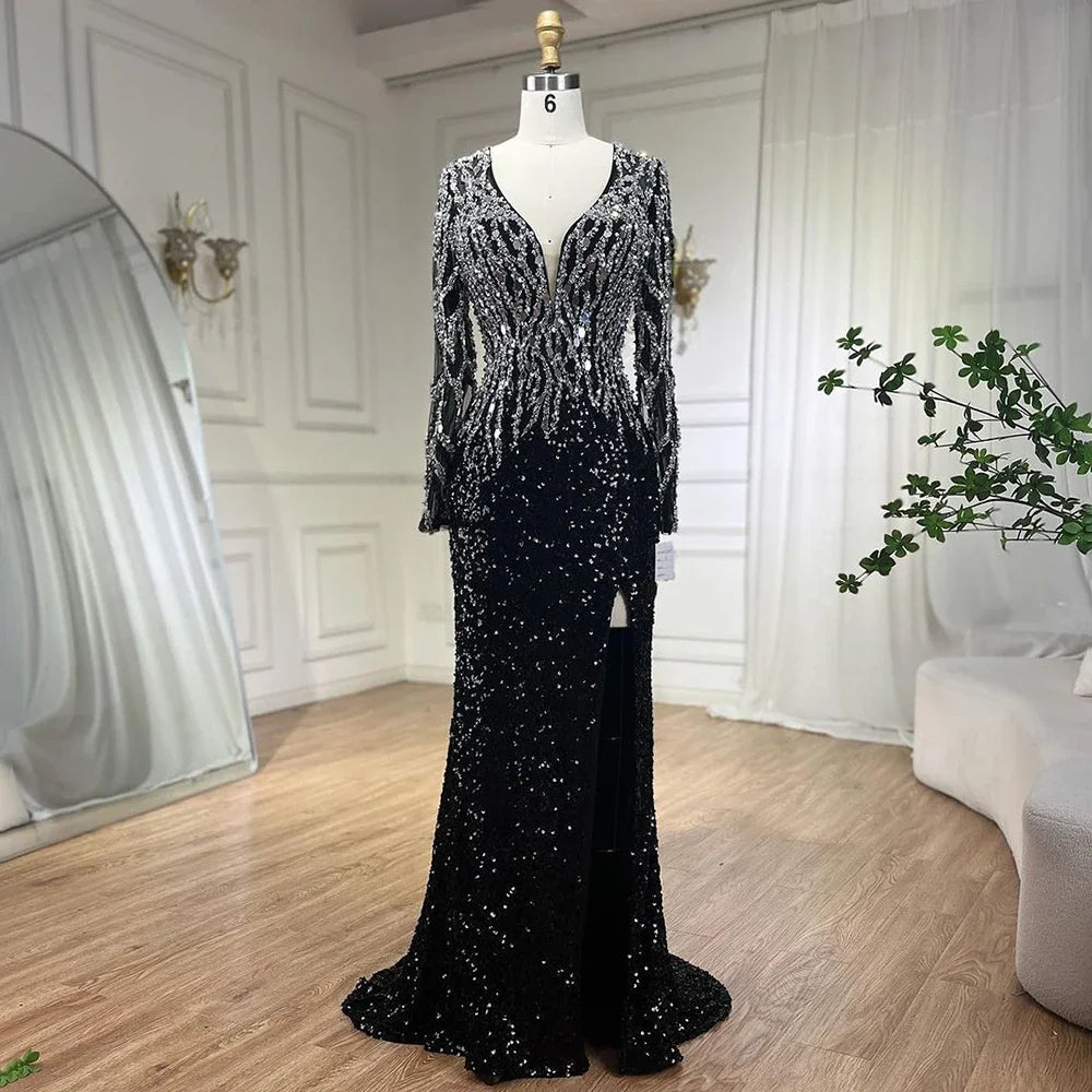 Black Elegant Mermaid Dress Adorned with Beads for Women