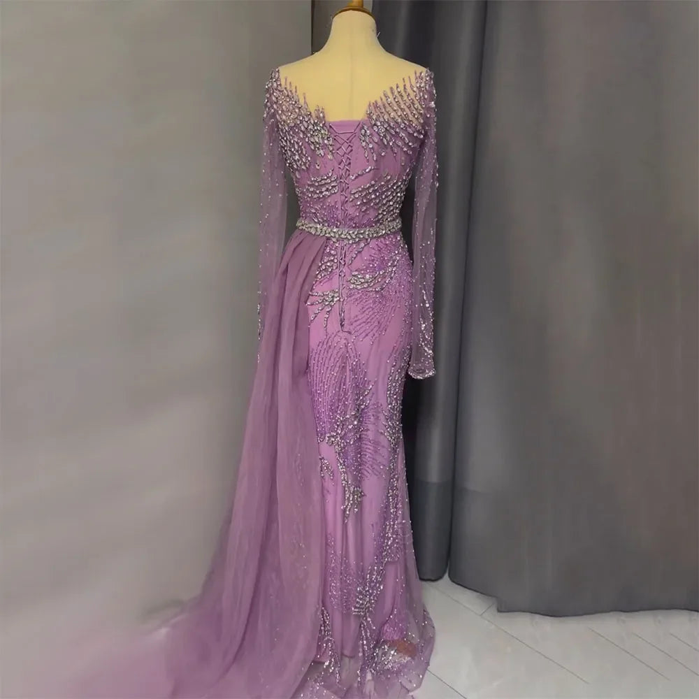 Beaded Purple Mermaid Evening Dress Featuring a Removable Overskirt