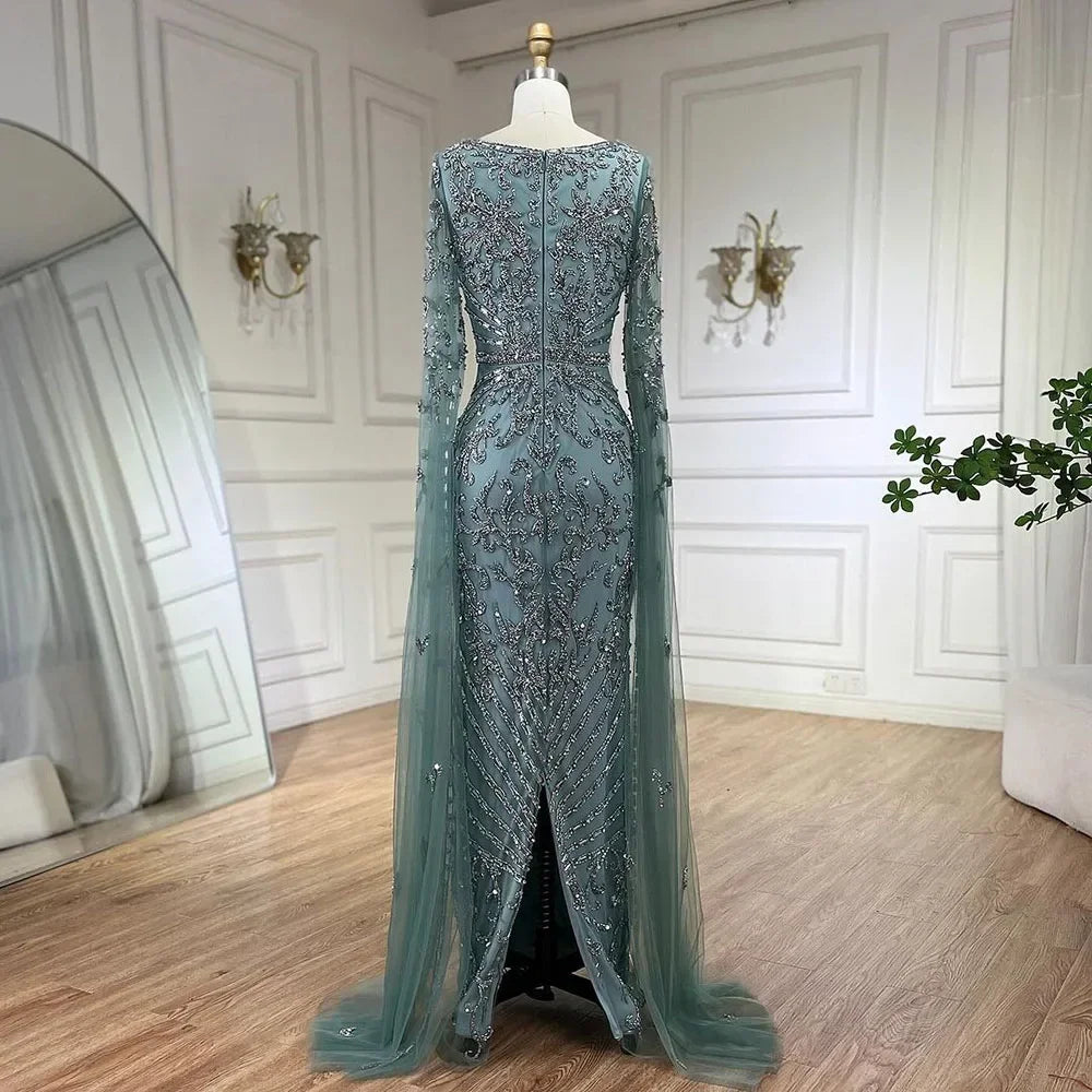 Turquoise Beaded Mermaid Dress Square Neck & Cape Sleeves Evening Gown