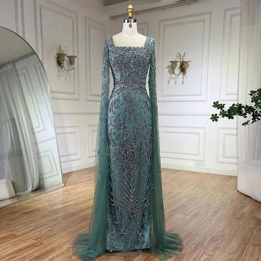 Turquoise Beaded Mermaid Dress Square Neck & Cape Sleeves Evening Gown