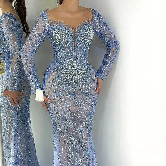 Blue Elegant Mermaid Evening Dress Luxurious Pearl Beaded Gown