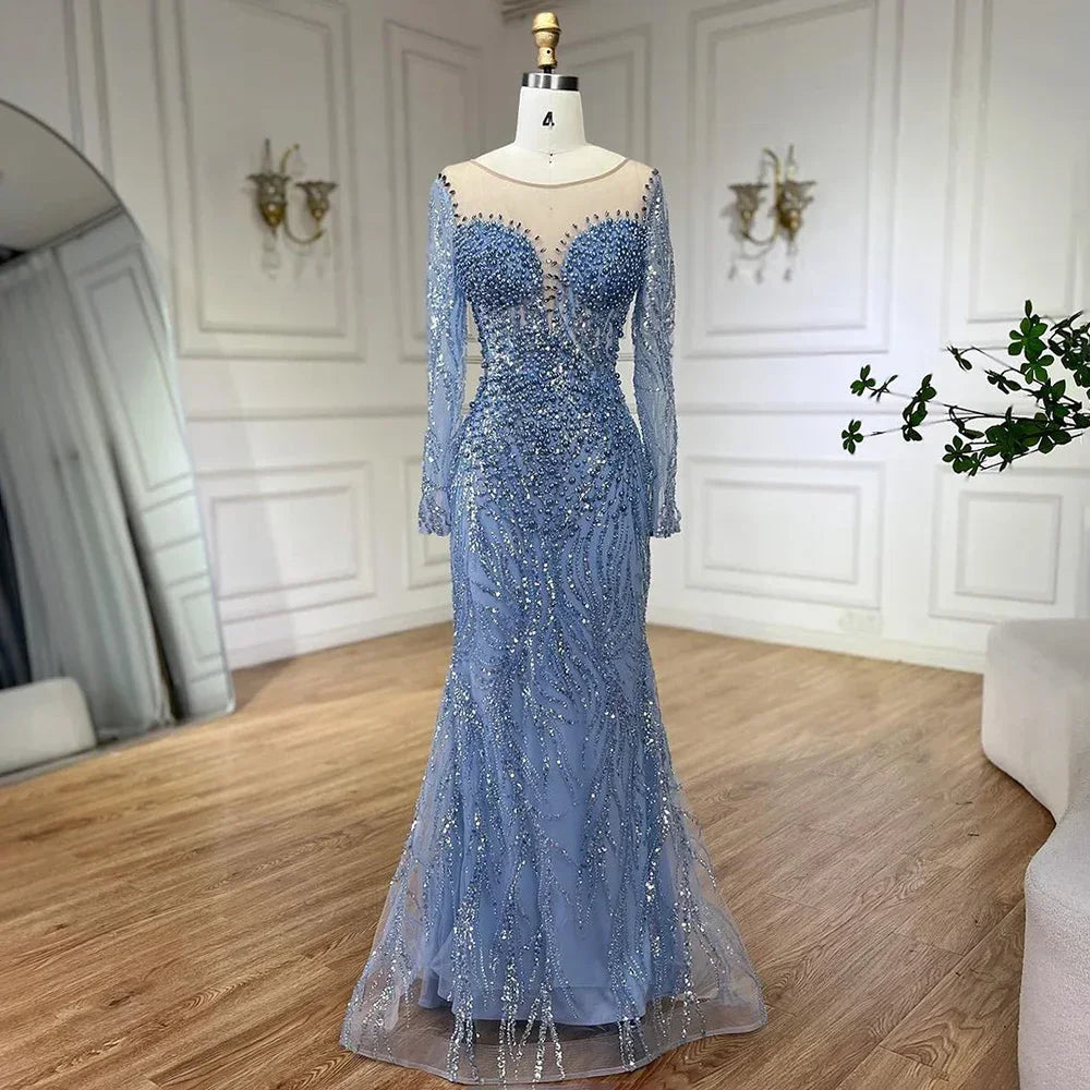 Blue Elegant Mermaid Evening Dress Luxurious Pearl Beaded Gown