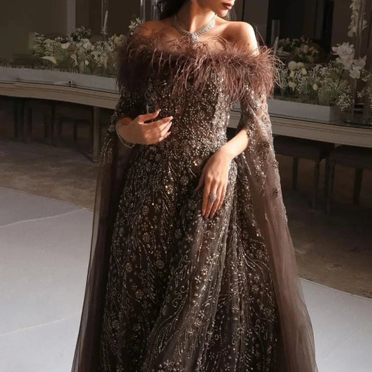 Brown Feathers Beaded A Line Evening Dress Off Shoulder Cape Sleeve Gown