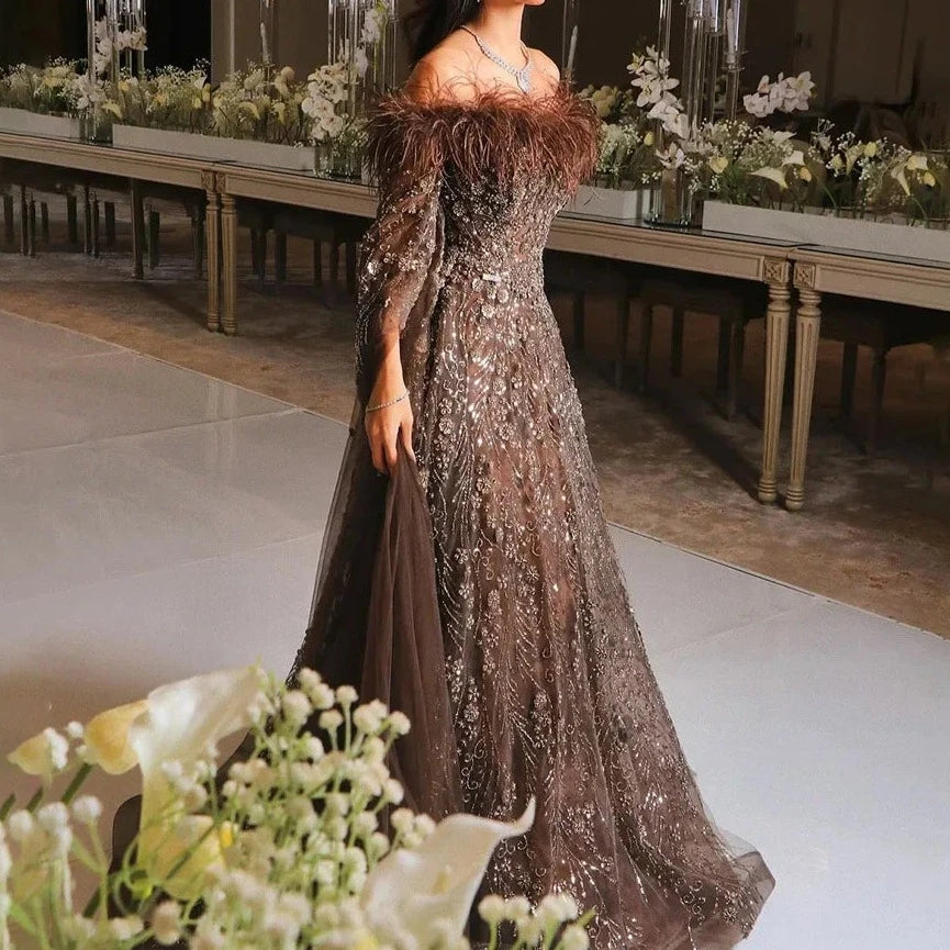 Brown Feathers Beaded A Line Evening Dress Off Shoulder Cape Sleeve Gown