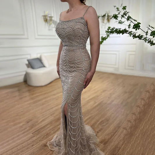Caramel Luxury Beaded Mermaid Gown Spaghetti Straps and Sexy Slit