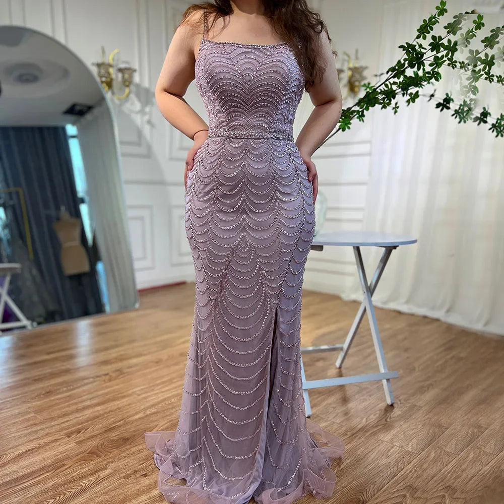 Caramel Luxury Beaded Mermaid Gown Spaghetti Straps and Sexy Slit