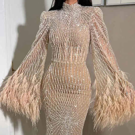 2024 Luxury Nude Beaded Feather Mermaid Evening Dress High Neck