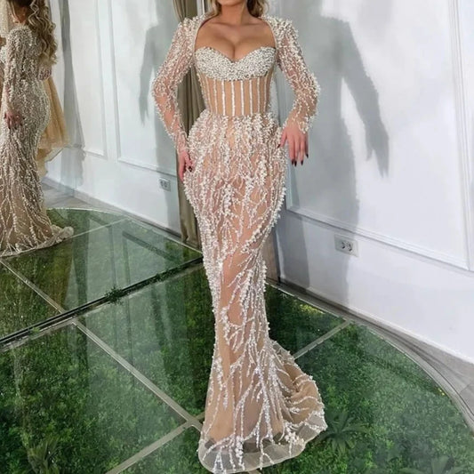 Luxury Nude Beaded Mermaid Evening Dress Long Sleeve Gown for Women