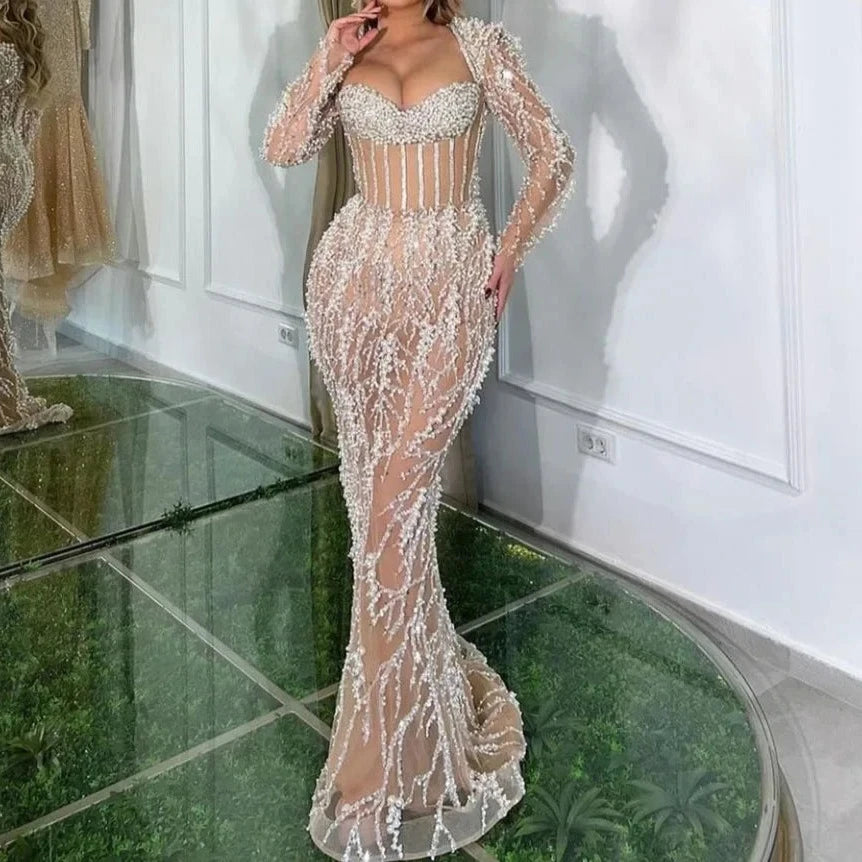 Luxury Nude Beaded Mermaid Evening Dress Long Sleeve Gown for Women
