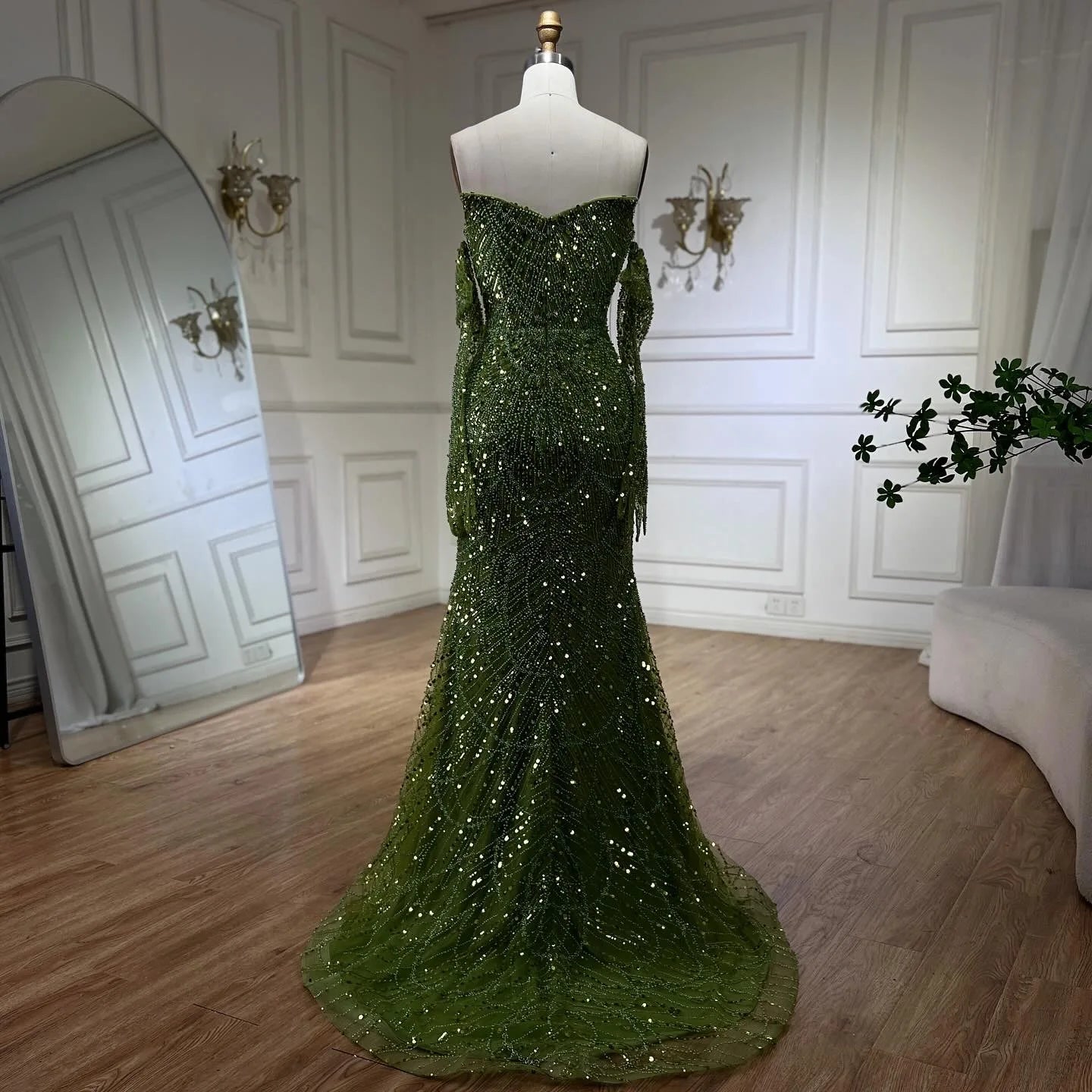 Luxury Olive Green Beaded Mermaid Evening Dress For Women Party Gown