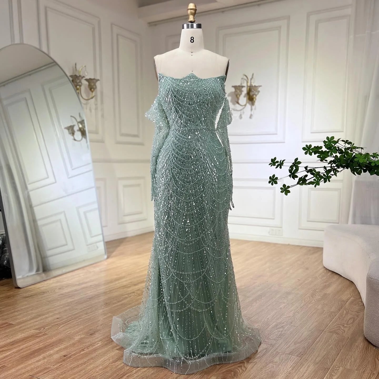 Luxury Olive Green Beaded Mermaid Evening Dress For Women Party Gown